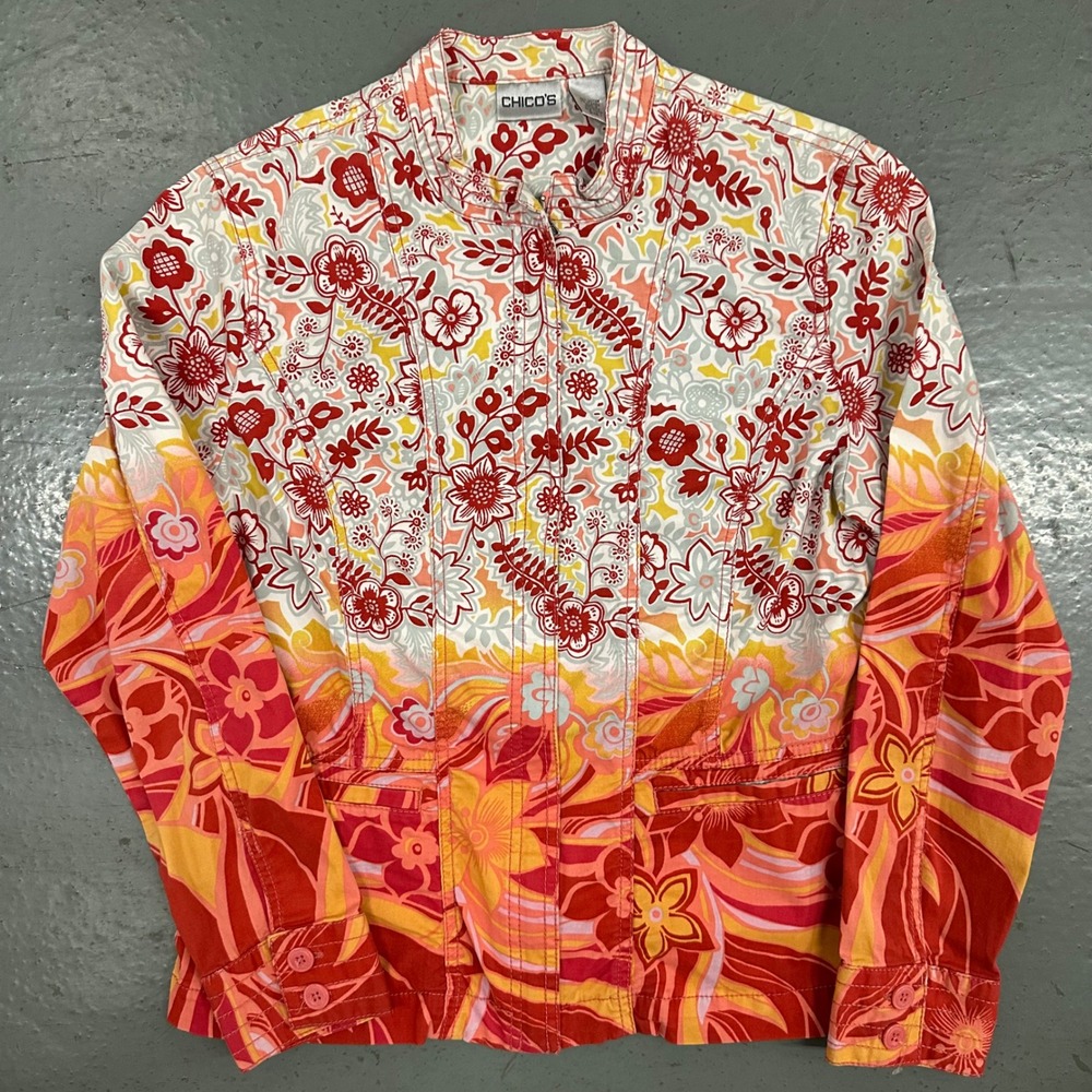 Chico's Womens Full Zip Floral Jacket Size 1 Red Preowned Mock Neck Cotton Blend